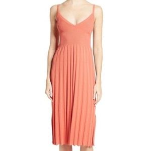 Elizabeth and James Women's Ribbed Pleated Midi Dress in Salmon/Coral Size L